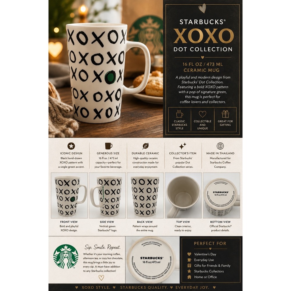 Starbucks 2015 XOXO Hugs and Kisses White Black Ceramic Coffee Mug 16oz